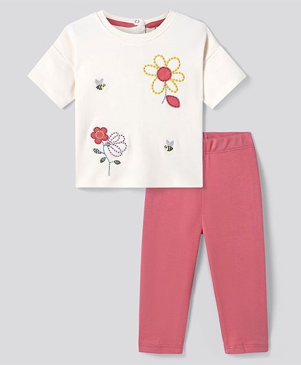 Bonfino 100% Cotton  Knit Half Sleeves Oversized T-Shirt & Leggings Set with Floral Embroidery - Off White