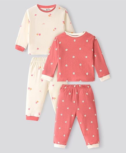 Bonfino 100% Cotton Knit Full Sleeves Night Suits With Floral Print Pack Of 2 - Pink & Off White