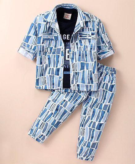 Rikidoos Full Sleeves Abstract Printed Shirt With Typography Printed Tee & Coordinating Pant Set - Light Blue & Navy