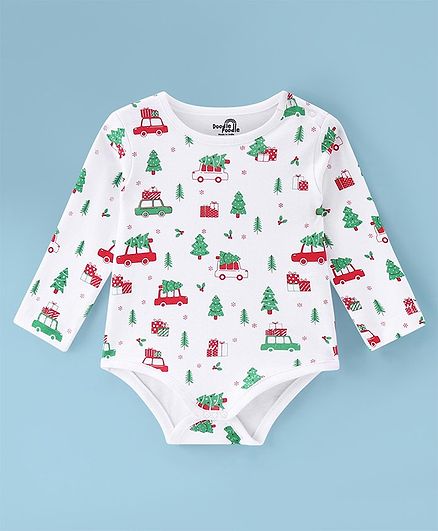 Doodle Poodle 100% Cotton Knit Full Sleeves Onesie Christmas & Car Print  -White