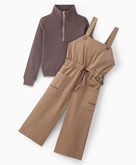 Ollington St. Cotton Twill Jumpsuit with Full Sleeves Inner Rib Turtle Neck Top - Brown & Beige