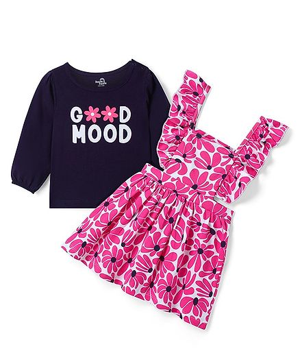 Doodle Poodle Single Jersey Knit Frill Sleeves Floral Printed Frock With Full Sleeves Inner Tee - Navy & Pink