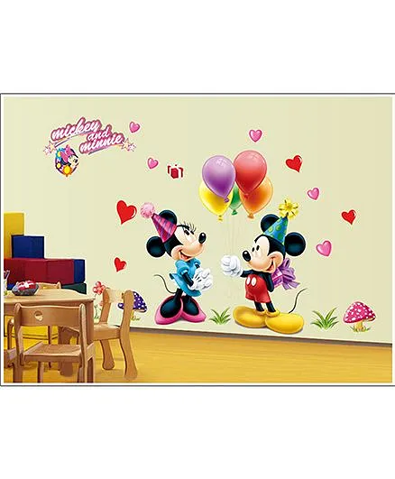 Oren Empower Mickey & Minnie With Balloon Pvc Vinyl Large Wall Sticker - Multicolour