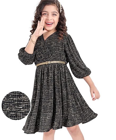 Hola Bonita Knitted Full Sleeves Velvet Foil Printed Party Dress - Black