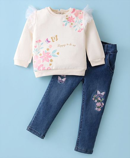 ToffyHouse 100% Cotton Knit Full Sleeves Mesh Detailed Top & Woven Denim Jeans With Floral Print & Embroidery - Off White