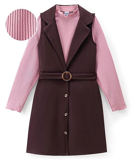 Hola Bonita Knit Full Sleeves Knee Length Dungaree Dress With Full Sleeve Inner Top - Brown & Pink