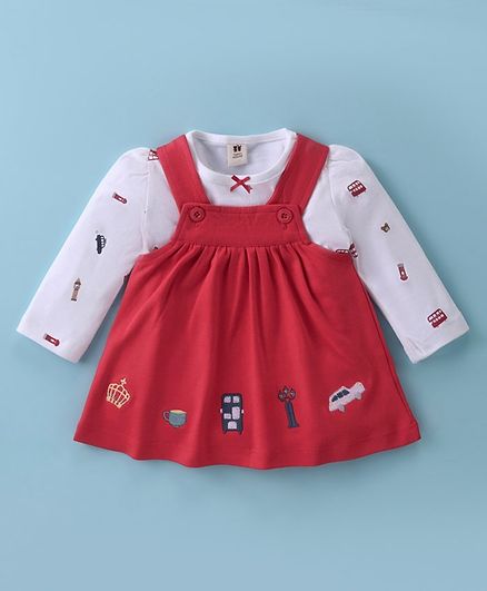 ToffyHouse Cotton Knit Frock & Full Sleeves Inner Tee With London City Theme Print & Embroidery - Red & White