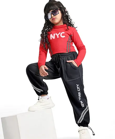 Ollington St. Cotton Rib Full Sleeves Turtle Neck Top & Cargo Joggers Set With Text Print - Red & Black