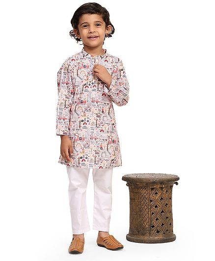 FUNNY BONES Linen Blend Full Sleeves Vehicles Printed Kurta Pyjama Set - Multi Colour