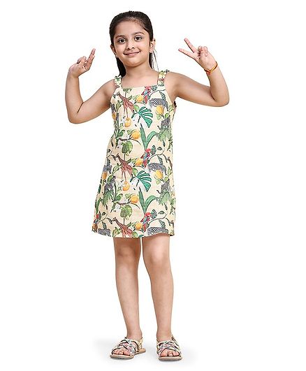 FUNNY BONES Linen Sleeveless African Forest Printed Dress - Green