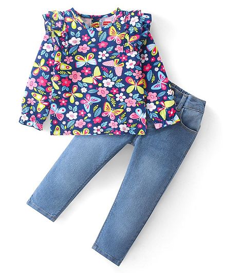 Babyhug Cotton Knit Full Sleeves Frill Detailed Floral Printed Top & Denim Jeans Set - Navy