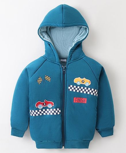 Cucumber Taffeta Woven Full Raglan Sleeves Hooded Sweatjacket with Cars Patch Detailing - Teal Blue