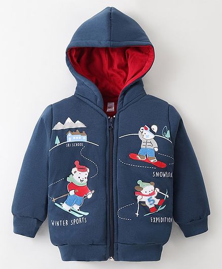 Cucumber Taffeta Woven Full Raglan Sleeves Hooded Sweatjacket with Bears Print - Navy Blue