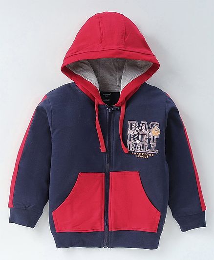 Cucumber Sinker Knit Full Sleeves Hooded Sweatjacket with Text Print & Kangaroo Pockets - Navy Blue