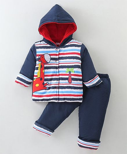 Cucumber Sinker Knit Full Sleeves Hoodie & Lounge Pants Set With Stripes & Animal Embroidery - Navy Blue