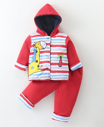 Cucumber Sinker Knit Full Sleeves Hoodie & Lounge Pants Set With Stripes & Animal Embroidery - Red