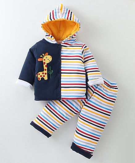 Cucumber Sinker Knit Full Sleeves Hoodie & Lounge Pants Set With Stripes & Animal Embroidery - Navy Blue