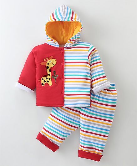 Cucumber Sinker Knit Full Sleeves Hoodie & Lounge Pants Set With Stripes & Animal Embroidery - Red