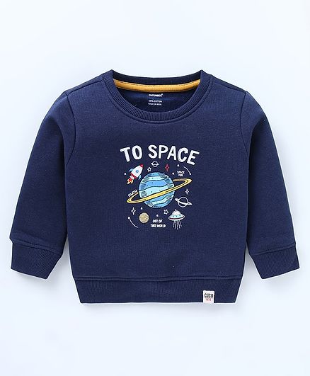 CUCUMBER Fleece Knit Full Sleeves Sweatshirt With Space Theme Print - Navy Blue