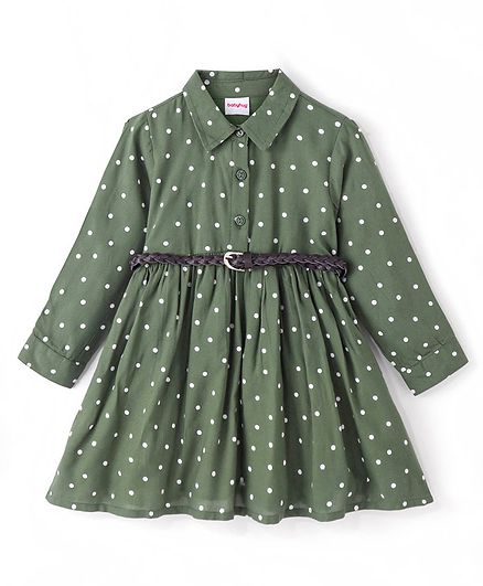 Babyhug Viscose Full Sleeves Frock with Polka Dot - Olive Green