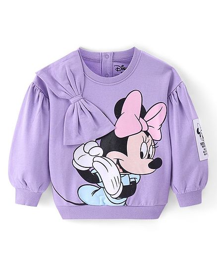 Babyhug Disney Terry Knit Full Sleeves Sweatshirt with Minnie Mouse Graphics & Bow Applique - Lavender