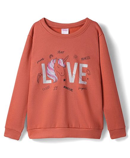 Tango Fleece Knit Full Sleeves Unicorn Printed Sweatshirt - Rust Orange