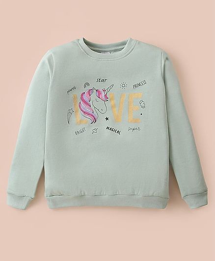 Tango Fleece Knit Full Sleeves Unicorn Printed Sweatshirt - Light Green