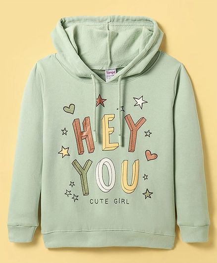 Tango Fleece Knit Full Sleeves Hooded Sweatshirt with Text Print - Mint Green