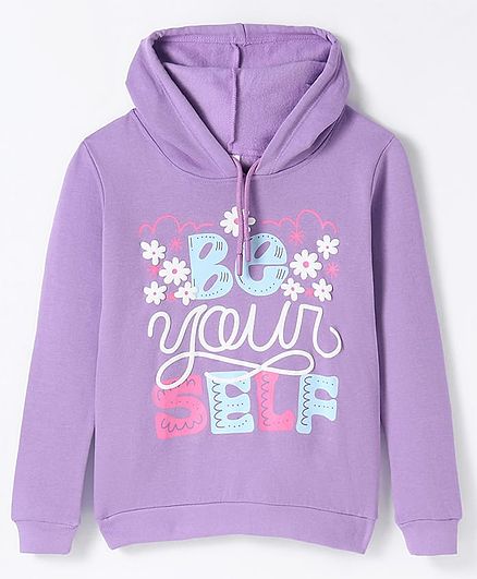 Tango Fleece Knit Full Sleeves Hooded Sweatshirt with Text Print - Purple