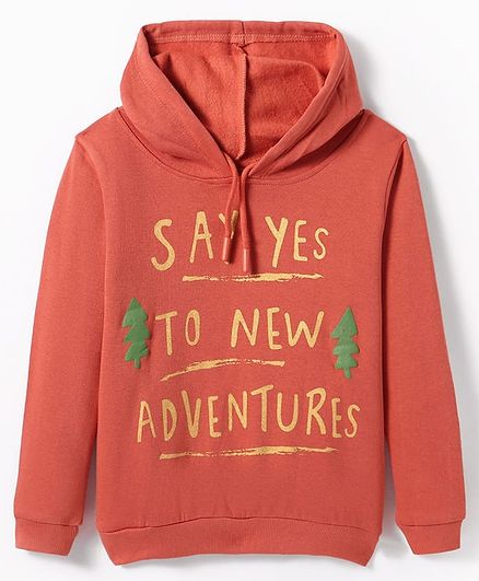 Tango Fleece Knit Full Sleeves Hooded Sweatshirt with Text Print - Rust Orange