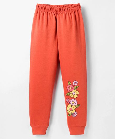 Tango Knit Full Length Floral Printed Fleece Pant - Rust Orange