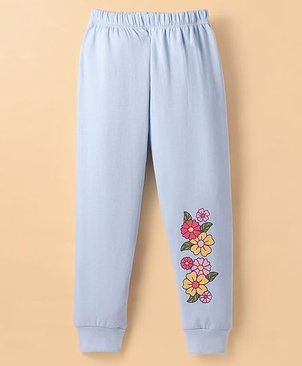 Tango Knit Full Length Floral Printed Fleece Pant - Sky Blue