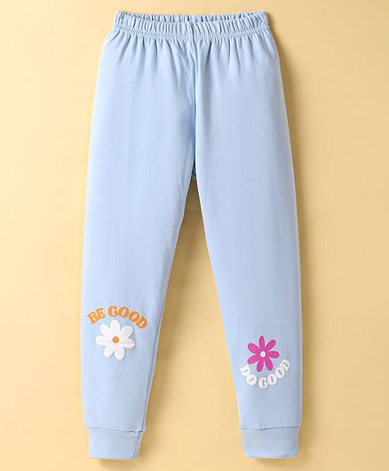 Tango Knit Full Length Floral & Text Printed Fleece and Woollen Bottom - Light Blue