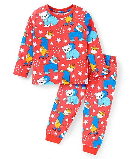 Babyhug Cotton Knit Full Sleeves Night Suit with  Bear Print - Red