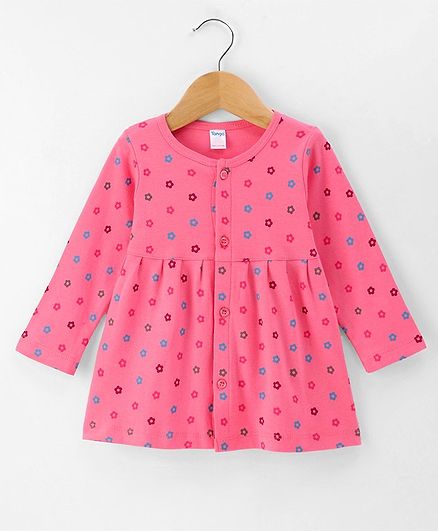 Tango Interlock Knit Full Sleeves Front Open Frock with Floral Print - Neon Pink