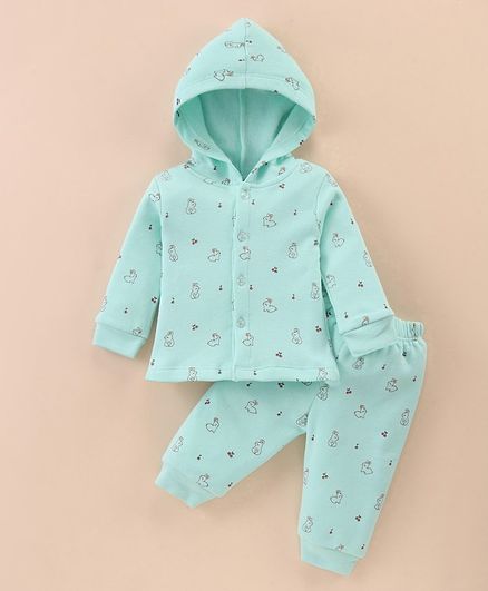 Tango Fleece Knit Full Sleeves Hooded Winter Wear Night Suit With Bunnies Print - Aqua