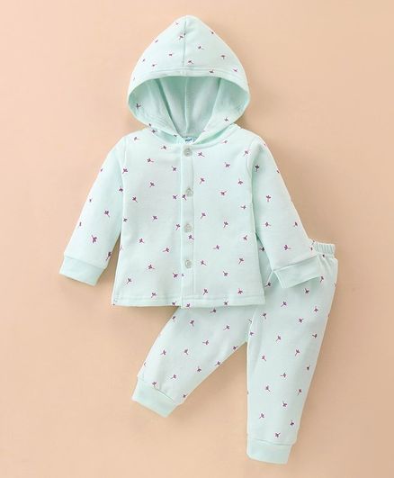 Tango Fleece Knit Full Sleeves Hooded Winter Night Suit With Floral Print - Sky Blue