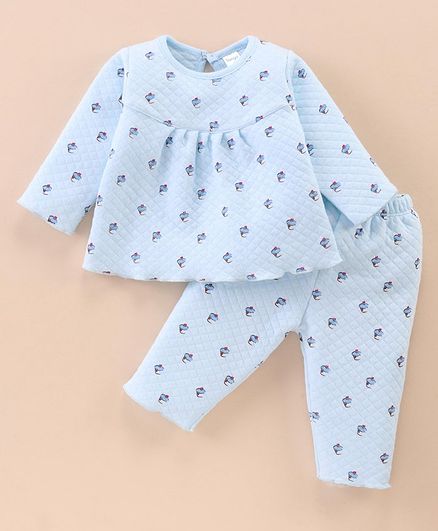 Tango Full Sleeves Winter Wear Night Suit With Cupcakes Print - Light Blue