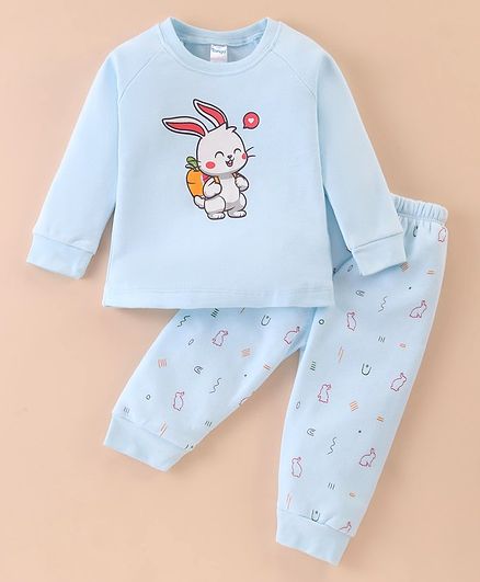 Tango Fleece Knit Full Sleeves Winter Wear Suit With Bunny Print - Sky Blue