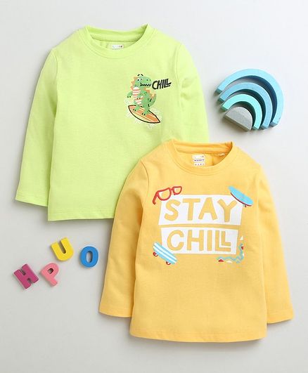 BUMZEE Cotton Pack Of 2 Full Sleeves Dinosaur & Stay Chill Text Printed Tees - Yellow & Lime Green