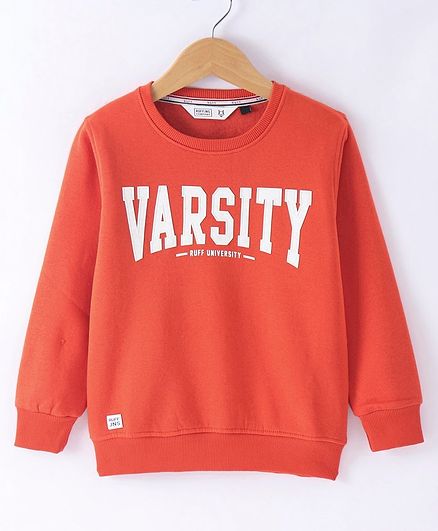 Ruff Fleece Knit Full Sleeves Pullover Sweatshirt with Text Print - Orange