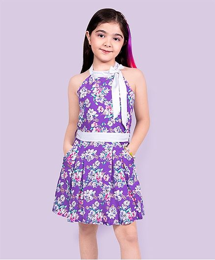 Naughty Ninos Sleeveless Floral Printed Flared Dress - Purple