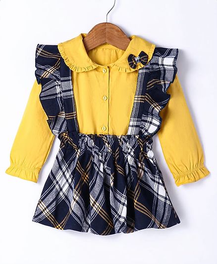 ToffyHouse Cotton Woven Checkered Frock & Full Sleeves Solid Colour Peter Pan Collared Inner Tee With Bow Applique - Yellow