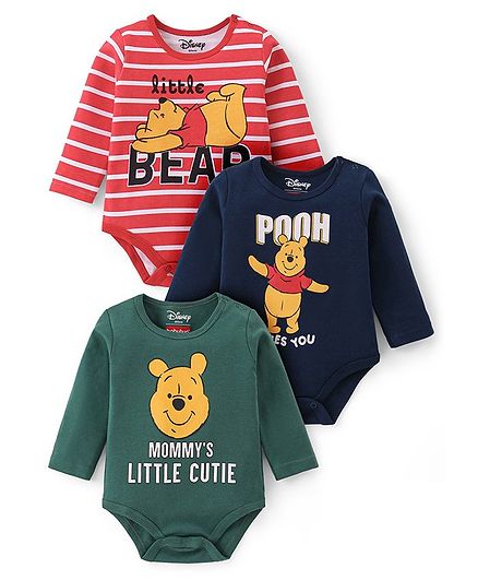 Babyhug Disney Interlock Knit Full Sleeves Onesies with Striped & Winnie The Pooh Print Pack of 3 - Red Green & Navy Blue