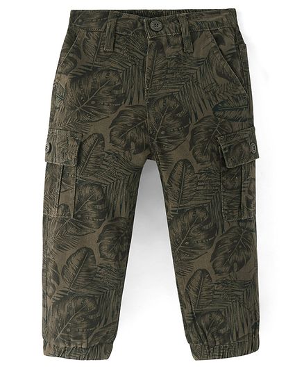 Babyhug Twill Lycra Full Length Leaves Printed Joggers with Stretch & Cargo Pockets - Dark Green