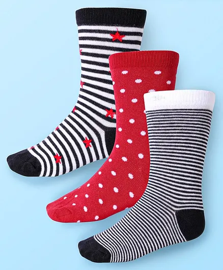 Cute Walk by Babyhug Cotton Lycra Knit Anti-bacterial Socks Polka Dots Strips & Stars Design Pack of 3 - Red Black & White
