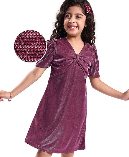 Hola Bonita Knit Half Sleeves A Line Glittered Party Frock - Maroon