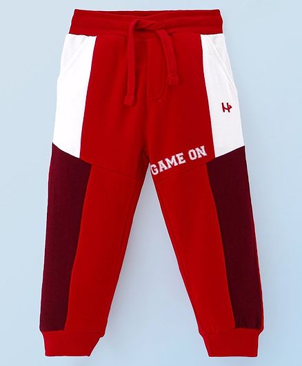 Honeyhap Premium  100% Cotton Knit Full Length Colour Block Track Pant with Text Print - Rhubarb Bright  White  & Racing Red