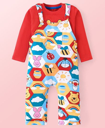 Babyhug Disney Terry Knit Dungaree with Full Sleeves T-Shirt & Winnie The Pooh Graphics - Red & White