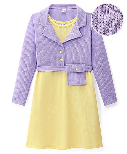 Hola Bonita Solid Dress With Full Sleeves Textured Jacket - Yellow & Lilac